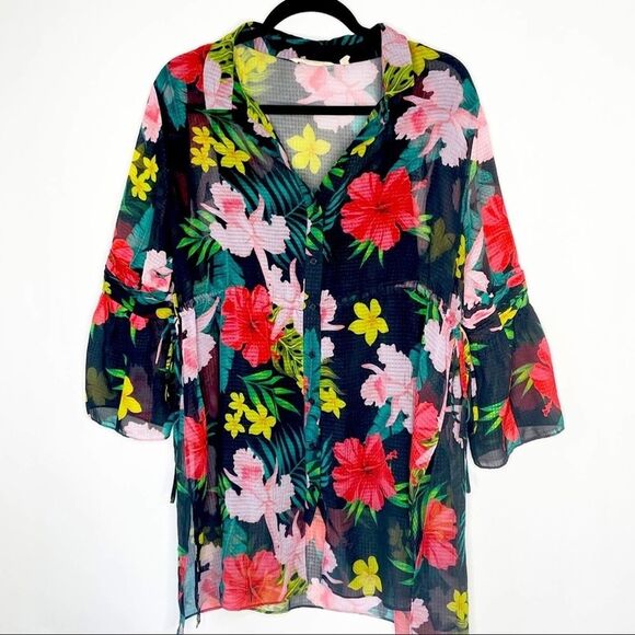 Soft Surroundings Floral Sheer Tunic Length Top, Blouse, Beach Cover up PXL - Picture 1 of 12